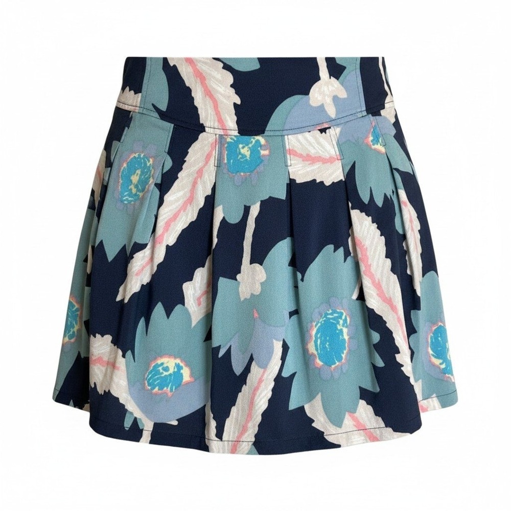Free People Skirt Womens M Navy Blue Floral Smocked Back Pleated Mini Skirt